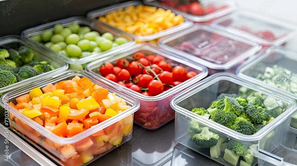 Healthy eating, dieting and vegetarian food concept - close up of plastic containers with fresh vegetables