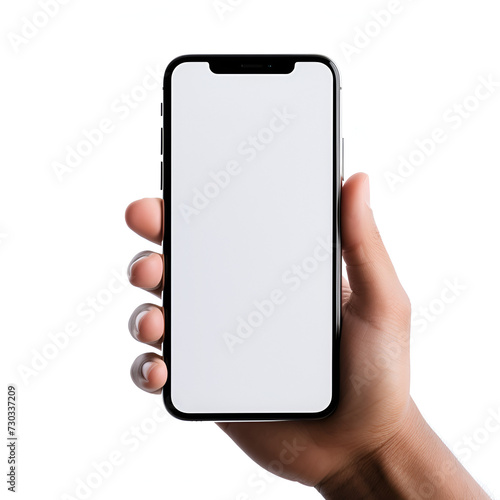 Hand holding smartphone on white background 
