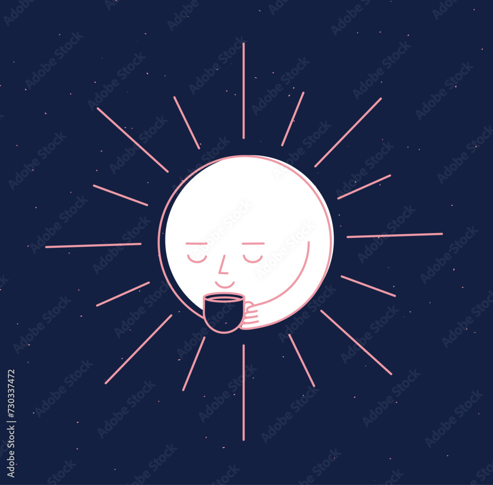 Morning sleeping sun holding cup of coffee drawing in cartoon flat line cartoon style on blue background
