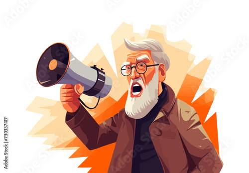 old man shouts into a megaphone vector flat isolated illustration