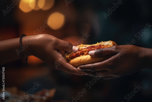 closeup of two African American hands sharing a deliciously topped hot dog, symbolizing friendship and the joy of sharing food