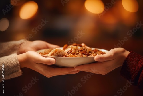 closeup one hand offers a bowl of hearty stew to another, embodying the spirit of sharing and caring in a cozy setting, blurred background