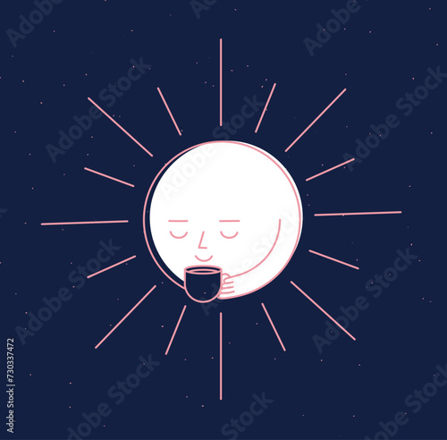Obraz na płótnie Morning sleeping sun holding cup of coffee drawing in cartoon flat line cartoon style on blue background w salonie