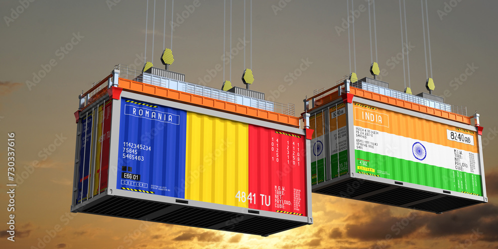 Shipping containers with flags of Romania and India - 3D illustration