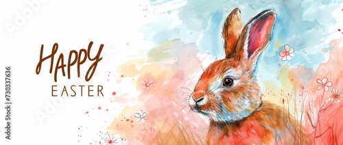 HAPPY EASTER watercolor background spring with a rabbit and flowers Generative AI