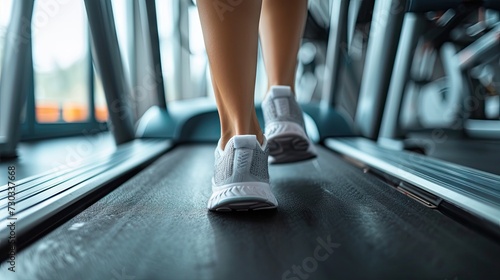 Fitness focus: Women's legs in running shoes on a treadmill, training in a dynamic fitness room