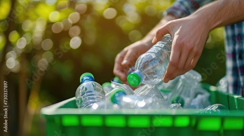 Wallpaper Mural Eco-conscious living: Man's hand throws an empty plastic bottle into a recycling bin, close-up focus Torontodigital.ca