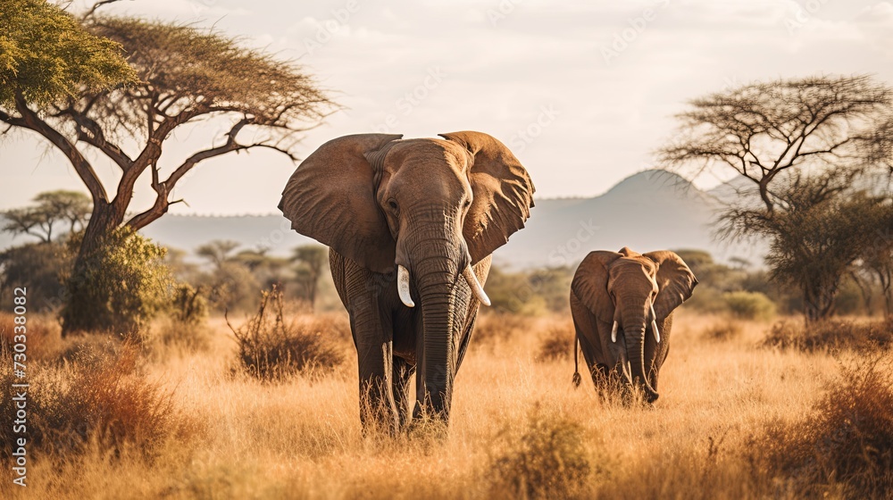 Fototapeta premium Elephants Walking Across a Dry Grass Field