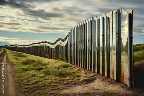 Expansive Usa mexico border view. Crossing metal barrier fence. Generate Ai © juliars