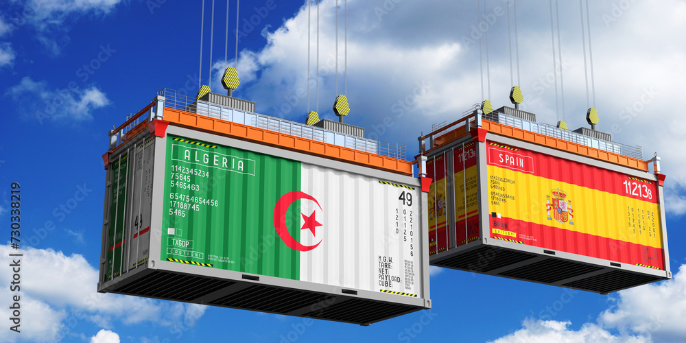 Shipping containers with flags of Algeria and Spain - 3D illustration Shipping containers with flags of Algeria and Spain - 3D illustration
