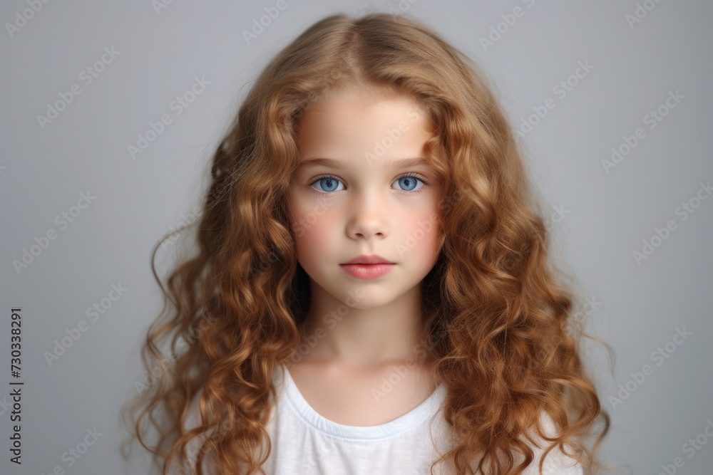 Portrait of a beautiful little girl with long curly hair on a gray background Portrait of a beautiful little girl with long curly hair on a gray background