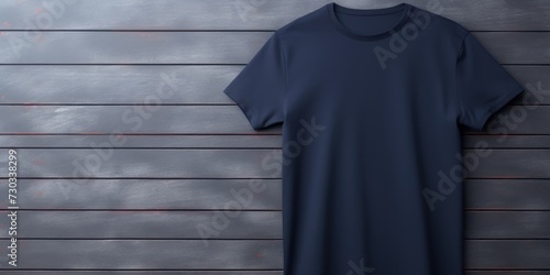 Navy Blue t shirt is seen against a gray wall