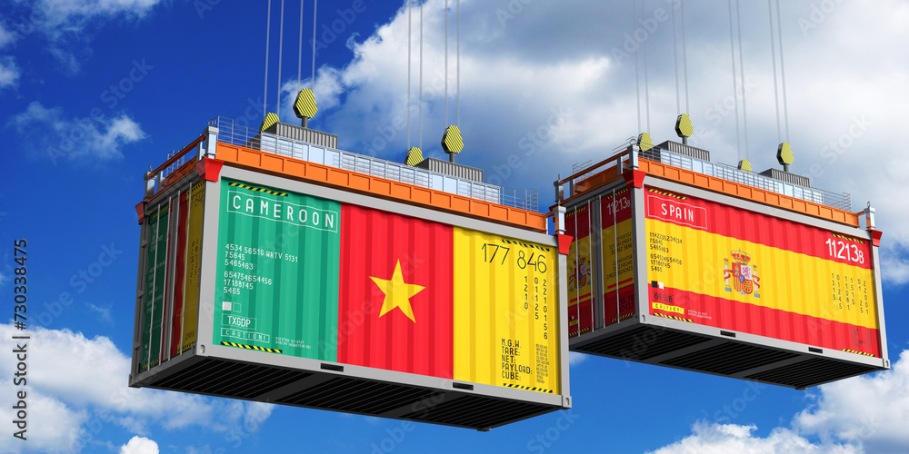 Shipping containers with flags of Cameroon and Spain - 3D illustration Shipping containers with flags of Cameroon and Spain - 3D illustration