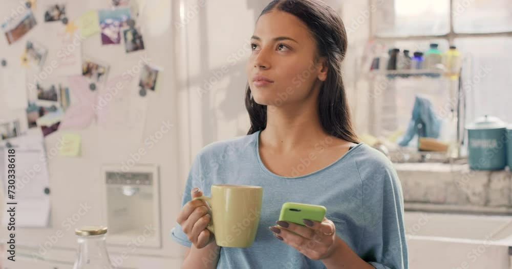 Coffee, phone and smile with woman thinking in kitchen of home for morning communication or browsing. App, contact and social media with happy young person reading text message on mobile in apartment Coffee, phone and smile with woman thinking in kitchen of home for morning communication or browsing. App, contact and social media with happy young person reading text message on mobile in apartment