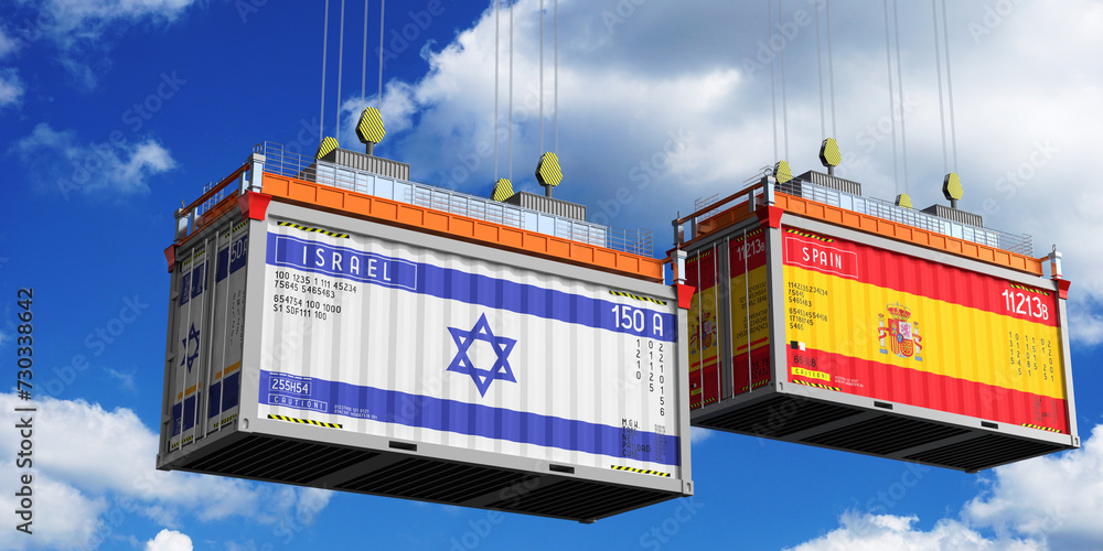 Shipping containers with flags of Israel and Spain - 3D illustration Shipping containers with flags of Israel and Spain - 3D illustration
