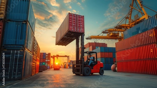 Fotografie, Obraz Freight logistics: Forklift handling container box, loading stacker at docks for