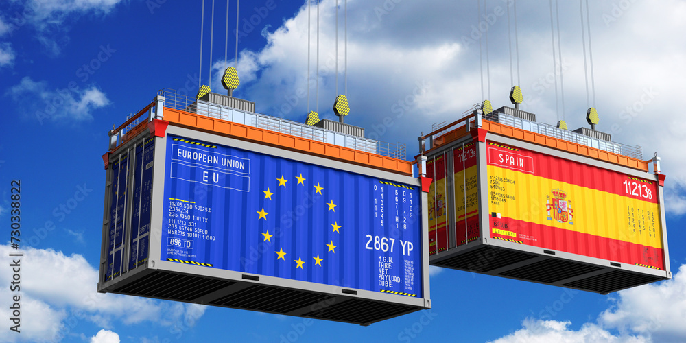Shipping containers with flags of European Union and Spain - 3D illustration