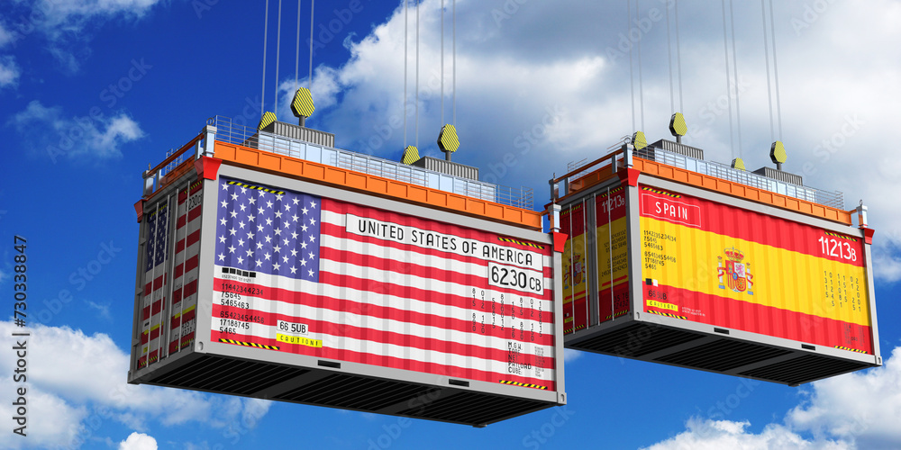 Shipping containers with flags of the USA and Spain - 3D illustration
