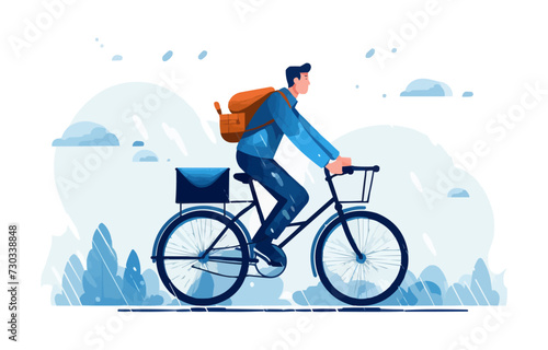 man riding bicile under rain vector flat isolated illustration