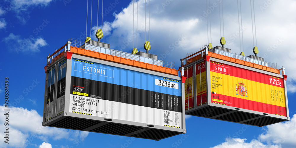 Shipping containers with flags of Estonia and Spain - 3D illustration