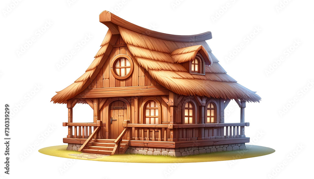 Wooden village house. 3D cartoon realistic house