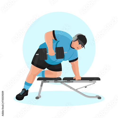 Illustration of an overweight guy working out in the gym. Fitness guy. Excess weight. Losing weight. Sport exercises.