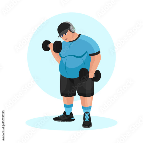 Illustration of an overweight guy working out in the gym. Fitness guy. Excess weight. Losing weight. Sport exercises.