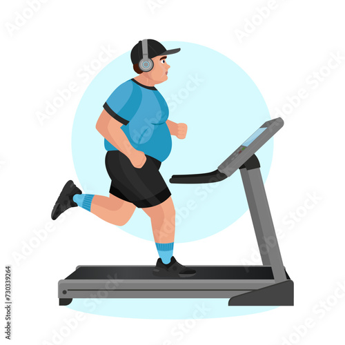 Illustration of an overweight guy working out in the gym. Fitness guy. Excess weight. Losing weight. Sport exercises.