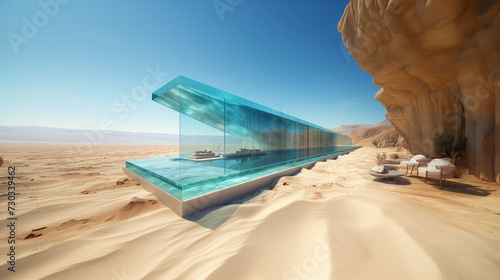 Crystal Desert Mirage: Modern Glass Home & Pool Design