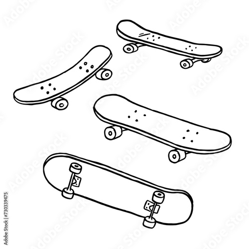 Hand drawn skateboard illustration. Retro style graphic design for skateboarding enthusiasts.