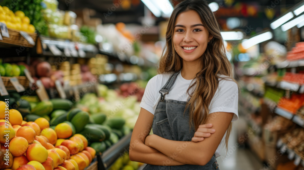Friendly Young Female Employee Smiling in Supermarket Produce Section