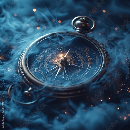 Vintage pocket compass in deep blue space. Time concept photo