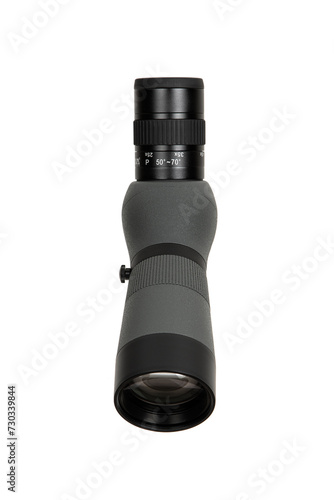 Modern spyglass. Long-range observation device. Monocular isolate on a white back