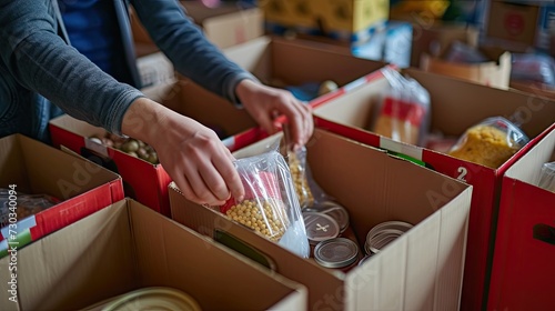 Community care: Volunteers organize foodstuffs in donation boxes to help those in need photo