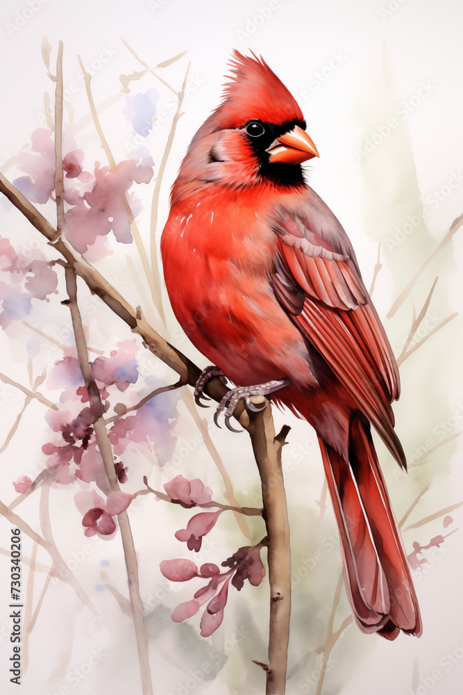Northern cardinal Bird illustration. Highly detailed image of forest and garden cardinal avian. Beautiful and colorful ornithology background.