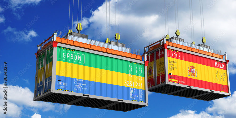Shipping containers with flags of Gabon and Spain - 3D illustration