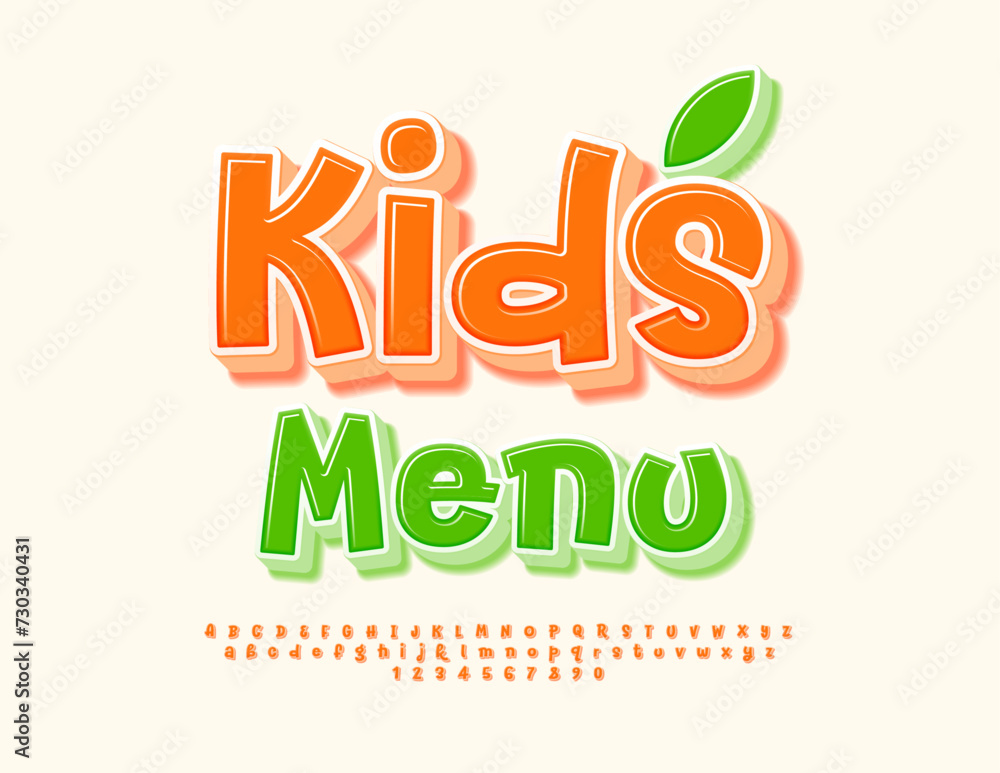 Naklejka premium Vector creative template Kids Menu. Funny Orange Font. Bright Childish 3D Alphabet Letters and Numbers set.