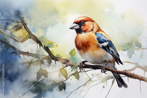 Hawfinch Bird illustration. Highly detailed image of forest and garden avian. Beautiful and colorful ornithology background.
