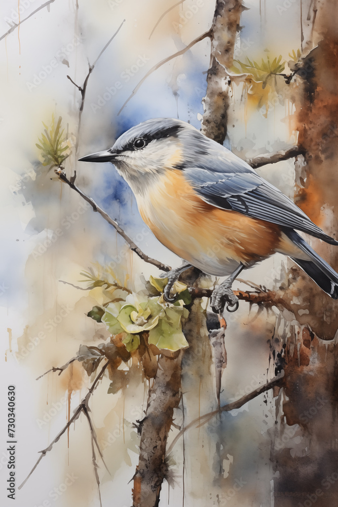 Obraz premium Nuthatch Bird illustration. Highly detailed image of forest and garden avian. Beautiful and colorful ornithology background.