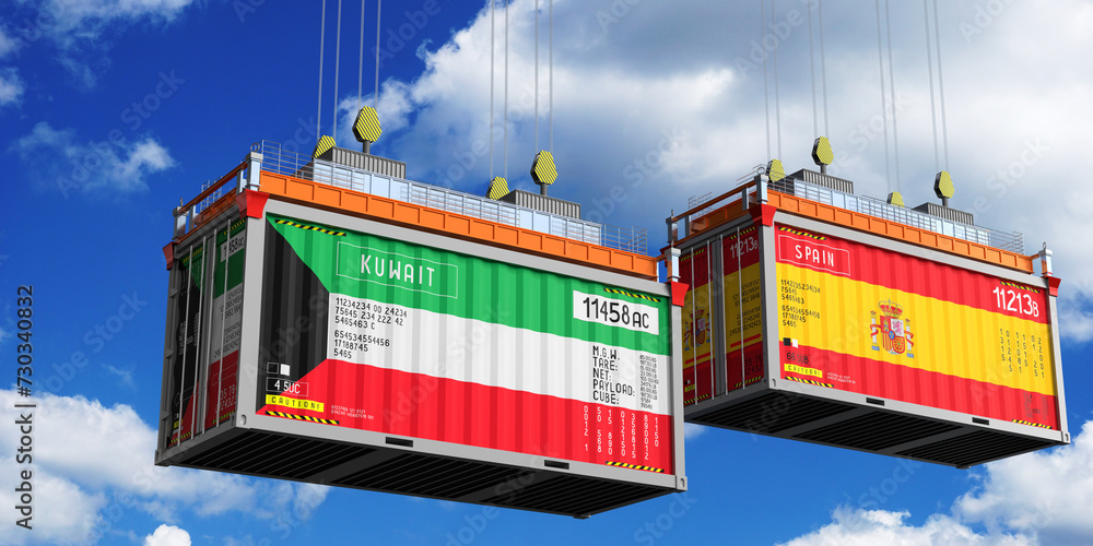 Shipping containers with flags of Kuwait and Spain - 3D illustration