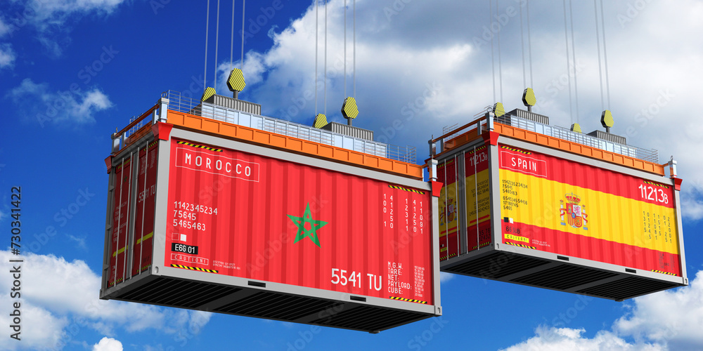Shipping containers with flags of Morocco and Spain - 3D illustration Shipping containers with flags of Morocco and Spain - 3D illustration