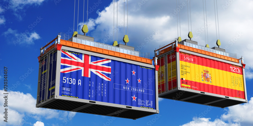 Shipping containers with flags of New Zealand and Spain - 3D illustration Shipping containers with flags of New Zealand and Spain - 3D illustration