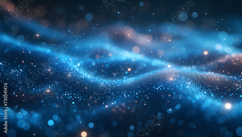 A dark blue abstract background featuring a glow particle effect. The image includes abstract blue lights and star particles, forming a captivating scene with dots on a dark background.