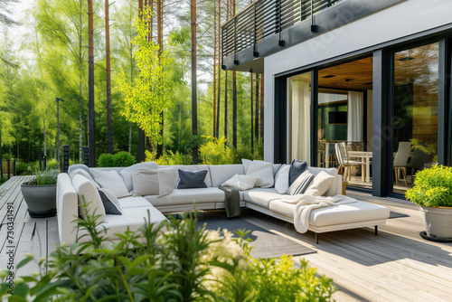 Depth of field stylish summer exterior concept with modern house in the forest. Generative AI