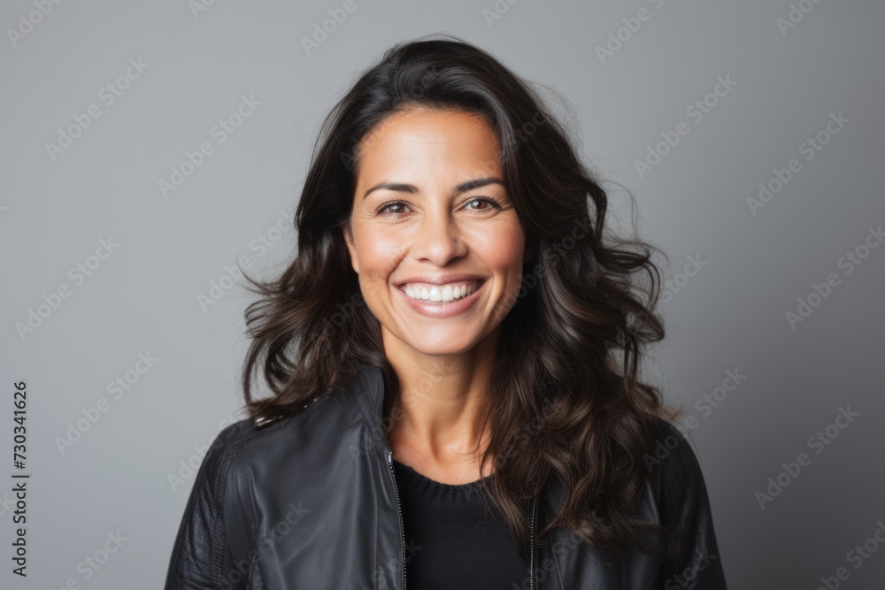 Portrait of a smiling woman in leather jacket looking at the camera Portrait of a smiling woman in leather jacket looking at the camera
