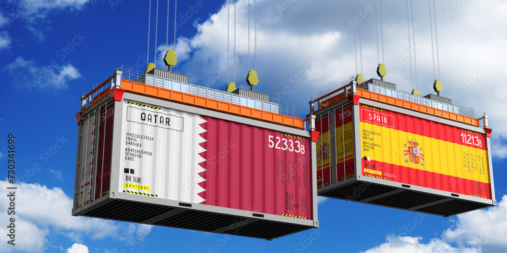 Shipping containers with flags of Qatar and Spain - 3D illustration