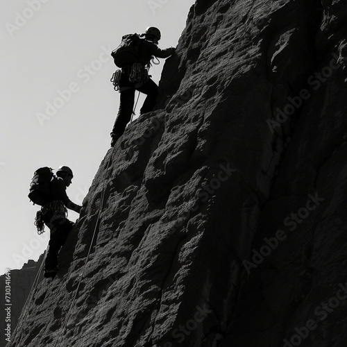 Silhouette of a couple of climbers climbing on a rocky wall