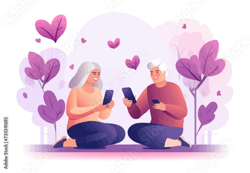 old couple looking at smartphone vector flat isolated illustration