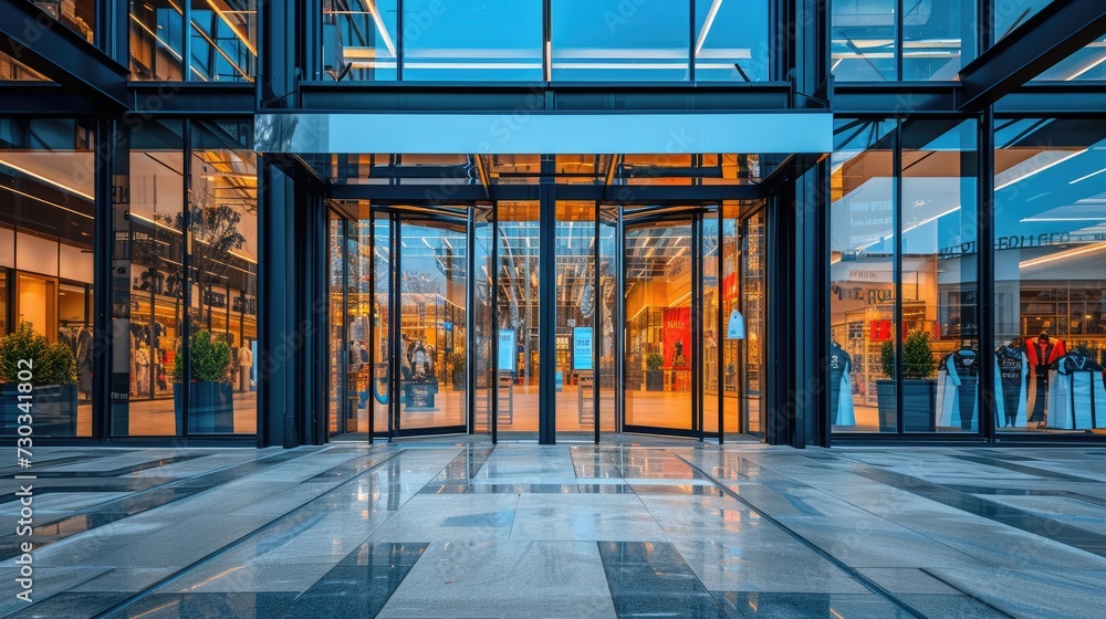 Modern entry: Glass entrance doors to a shopping center with automatic doors and reflections