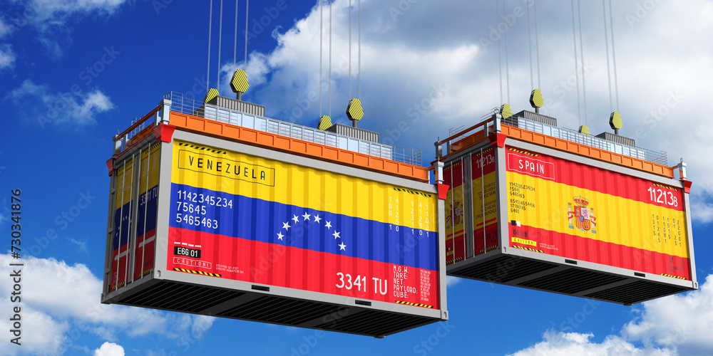 Shipping containers with flags of Venezuela and Spain - 3D illustration